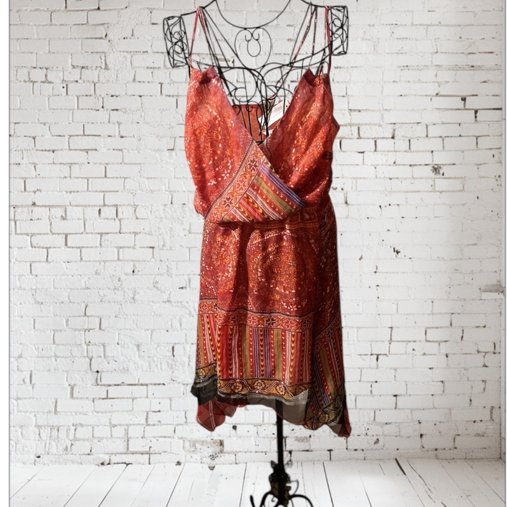 KAYA DI KOKO Rampage SILK MULTI-COLORED LONG DRESS Sz L Bohemian Red Paisley